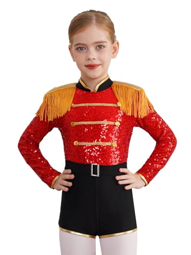 Jhaoyu Kinder Mädchen Ehrengarde Zirkus Kostüm Pailletten Langarm Bodysuit Zirkus Cosplay Mottoparty Fasching Karneval Kostüm Rot 110-116 von Jhaoyu