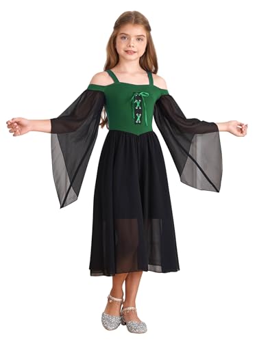 Jhaoyu Kinder Mädchen Mittelalter Renaissance Gothic Kleid Kalte Schulter Schnürung Front Flowy Kleid für Cosplay Dress Up Halloween Performance Grün 122-128 von Jhaoyu