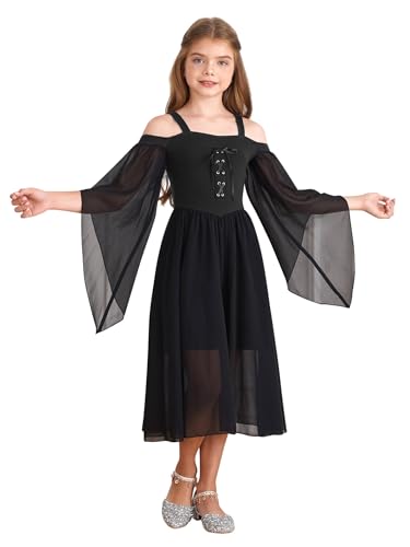 Jhaoyu Kinder Mädchen Mittelalter Renaissance Gothic Kleid Kalte Schulter Schnürung Front Flowy Kleid für Cosplay Dress Up Halloween Performance Schwarz 170 von Jhaoyu