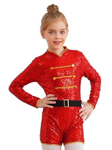 Jhaoyu Kinder Mädchen Zirkus Kostüm Langarm Pailletten Jumpsuit Zirkusdirektor Body Overall Cosplay Fasching Karneval Tanz Kostüm Rot 110-116 von Jhaoyu