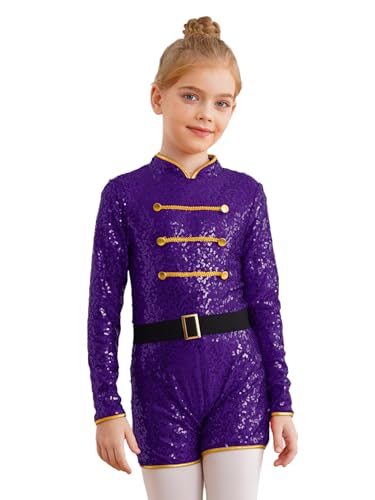 Jhaoyu Kinder Mädchen Zirkus Kostüm Langarm Pailletten Jumpsuit Zirkusdirektor Body Overall Cosplay Fasching Karneval Tanz Kostüm Violett 110-116 von Jhaoyu