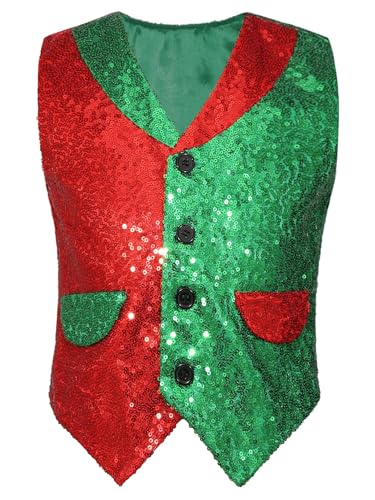 Jhaoyu Kinder jungen Glitter Pailletten Weste Farbe Block Festlich Anzug-Weste Gentleman Smoking Weihnachts Waistcoat 3-14 Jahre Rot grün 110-116 von Jhaoyu