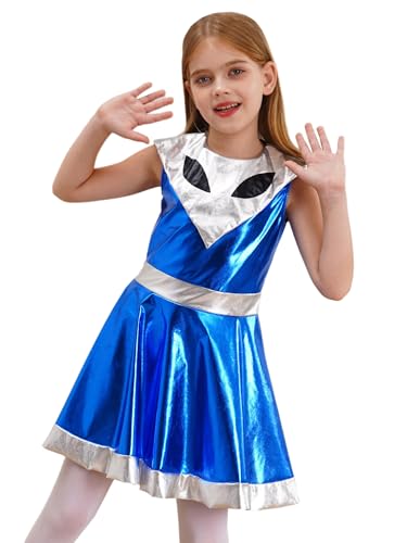 Jhaoyu Mädchen Alien Kostüm Metallic kleid Tanzkleid Mit Stehkragen Kinder Space Kostüm Halloween Karneval Fasching Cosplay Outfits Königsblau 170 von Jhaoyu