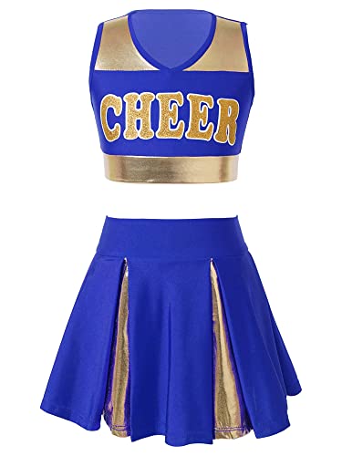 Jhaoyu Mädchen Cheer Leader Kostüm Kinder zweiteiler Cheerleading Uniform Ärmellos Crop Top mit Minirock Halloween Karneval Fasching Party Kostüm Blau 158-164 von Jhaoyu