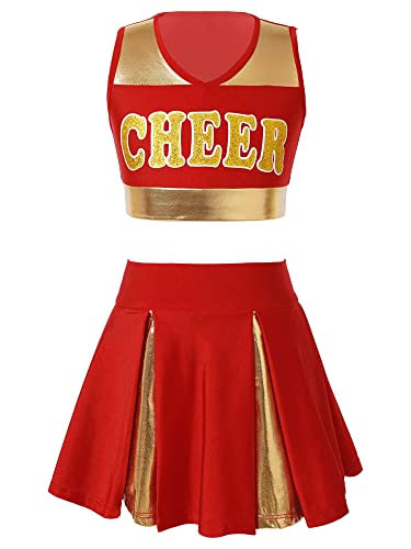 Jhaoyu Mädchen Cheer Leader Kostüm Kinder zweiteiler Cheerleading Uniform Ärmellos Crop Top mit Minirock Halloween Karneval Fasching Party Kostüm Rot 134-140 von Jhaoyu