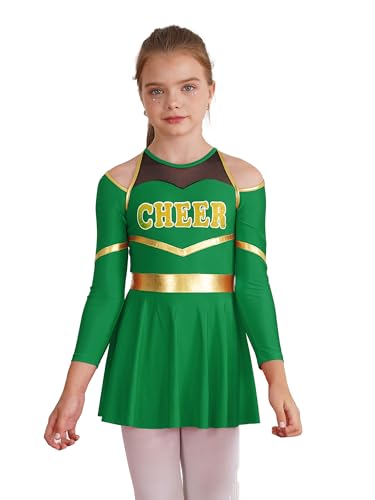 Jhaoyu Mädchen Cheer-leader Kostüm Langarm 2tlg Schulmädchen Uniform Bauchfrei Oberteil mit Rock Karneval Halloween Party Weihnachten Kostüm Grün 146-152 von Jhaoyu