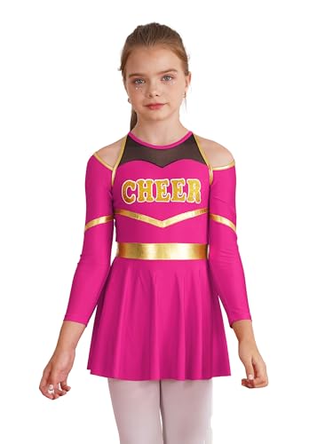 Jhaoyu Mädchen Cheer-leader Kostüm Langarm 2tlg Schulmädchen Uniform Bauchfrei Oberteil mit Rock Karneval Halloween Party Weihnachten Kostüm Hot Pink 110-116 von Jhaoyu