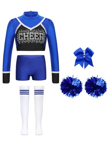 Jhaoyu Mädchen Cheerleading Uniform Sets 5tlg. Langarm Crop Top mit Shorts Pompoms Schleife Socken Kinder Halloween Karneval Fasching Party Outfits Blau 110-116 von Jhaoyu