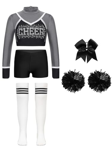 Jhaoyu Mädchen Cheerleading Uniform Sets 5tlg. Langarm Crop Top mit Shorts Pompoms Schleife Socken Kinder Halloween Karneval Fasching Party Outfits Grau-weiß 146-152 von Jhaoyu