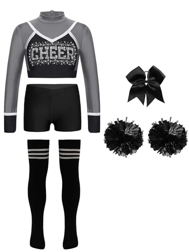 Jhaoyu Mädchen Cheerleading Uniform Sets 5tlg. Langarm Crop Top mit Shorts Pompoms Schleife Socken Kinder Halloween Karneval Fasching Party Outfits Grauschwarz 110-116 von Jhaoyu