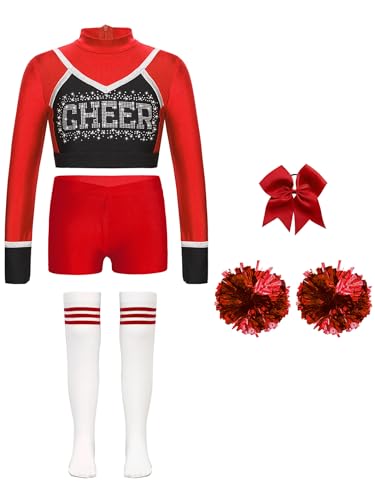 Jhaoyu Mädchen Cheerleading Uniform Sets 5tlg. Langarm Crop Top mit Shorts Pompoms Schleife Socken Kinder Halloween Karneval Fasching Party Outfits Rot 134-140 von Jhaoyu