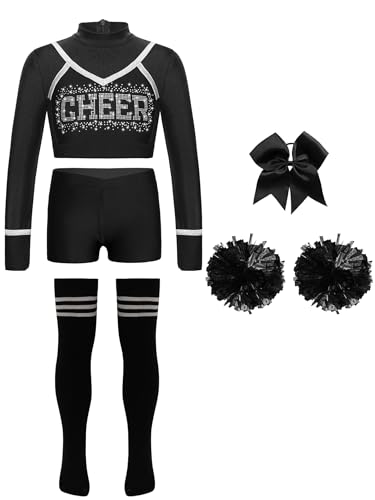 Jhaoyu Mädchen Cheerleading Uniform Sets 5tlg. Langarm Crop Top mit Shorts Pompoms Schleife Socken Kinder Halloween Karneval Fasching Party Outfits Schwarz 110-116 von Jhaoyu