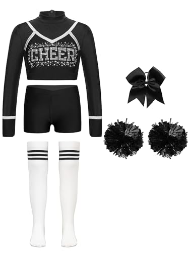 Jhaoyu Mädchen Cheerleading Uniform Sets 5tlg. Langarm Crop Top mit Shorts Pompoms Schleife Socken Kinder Halloween Karneval Fasching Party Outfits Schwarz-Weiss 110-116 von Jhaoyu