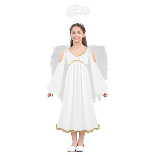 Jhaoyu Mädchen Engel Kostüm Kinder Mittelalter Kleid mit Flügel Stirnband Set Renaissance Kostüm für Weihnachten Halloween Fasching Party Verkleidung Weiß B 128-140 von Jhaoyu