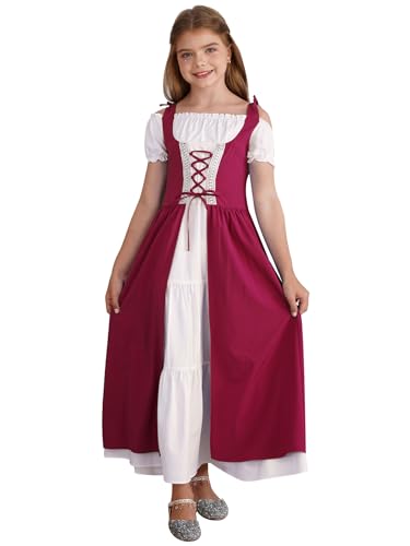 Jhaoyu Mädchen Mittelalter Kostüm Mittelalterliche Renaissance Prinzessin Kleid Kinder Festlich Partykleid Halloween Fasching Kostüme Verkleidung Burgundy 134-140 von Jhaoyu