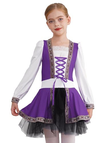 Jhaoyu Mädchen Mittelalter Renaissance Tutu Kleid Langarm Prinzessin Partykleid Schnürung Kleid Vintage Halloween Karneval Mottoparty Kleider Violett 110-116 von Jhaoyu