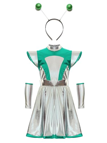 Jhaoyu Mädchen Space Girl Alien Kostüm Glänzendes Metallisch Kleid mit Stirnband Armstulpen 3pcs Halloween Facshing Mottoparty Karneval Outfit Grün 146-152 von Jhaoyu