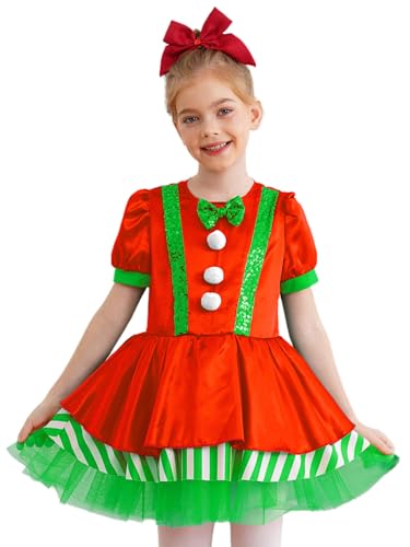 Jhaoyu Mädchen Weihnachten Kostüm Puffärmel Schleife Kinder Zuckerstange Kostüm Kurzarm Streifen Tutu Ballettkleid Partykleid Performance Tanzkostüm Grün 146-152 von Jhaoyu