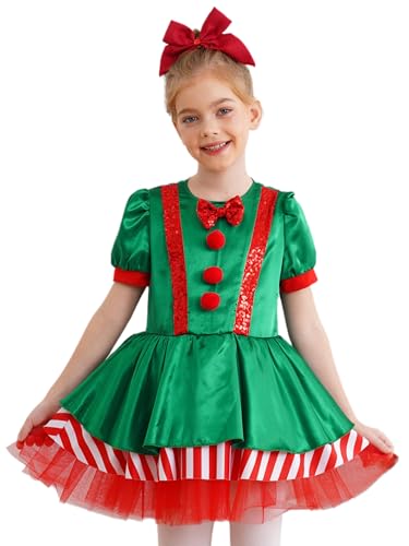 Jhaoyu Mädchen Weihnachten Kostüm Puffärmel Schleife Kinder Zuckerstange Kostüm Kurzarm Streifen Tutu Ballettkleid Partykleid Performance Tanzkostüm Rot 122-128 von Jhaoyu