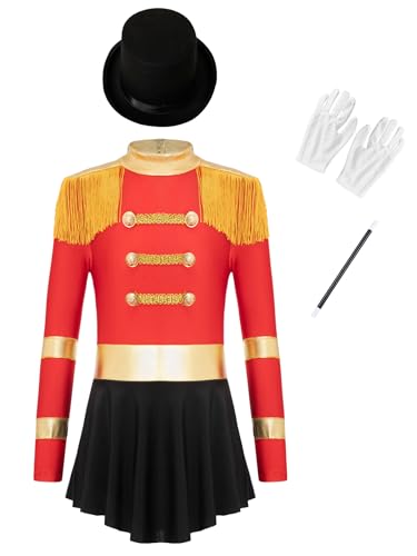 Jhaoyu Mädchen Zirkus Kostüm Langarm Tanzkleid Prinzessin Kleid mit Zubehör Set Zirkusdirektor Cosplay Mottoparty Fasching Karneval Kostüm Rot 134-140 von Jhaoyu