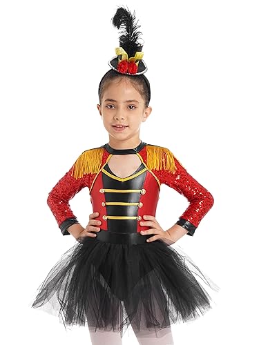 Jhaoyu Mädchen Zirkus Kostüm mit/ohne Hut Kinder Langarm/Ärmellos Zirkusdirektor Kleid Glitzer Tutu Ballettkleid Cosplay Fasching Karneval Rot 170-176 von Jhaoyu