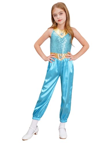 Jhaoyu Prinzessin Jasmin Kostüm Mädchen Aladdin-Tanzen Kostüm Orientalische Indische Verkleidung Weihnachten Halloween Karneval Geburtstag Party Kostüm Hellblau 110-116 von Jhaoyu