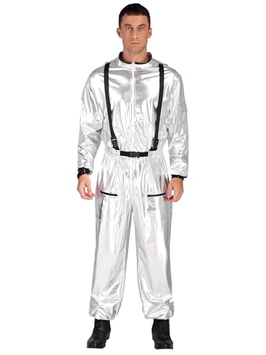 Jhaoyu Unisex Damen Herren Astronauten Kostüm Metallic Langarm Overall Erwachsene Halloween Fashingskostüm Space Cosplay Mottoparty Outfit Silber 3XL von Jhaoyu