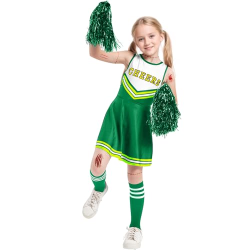 JiAmy Mädchen Cheerleader Kostüm, Schulspiel Cheerleading Uniform mit Pompons und Socken, Halloween Fancy Dress Up Outfit für Kinder 10-12 Jahre Grün von JiAmy