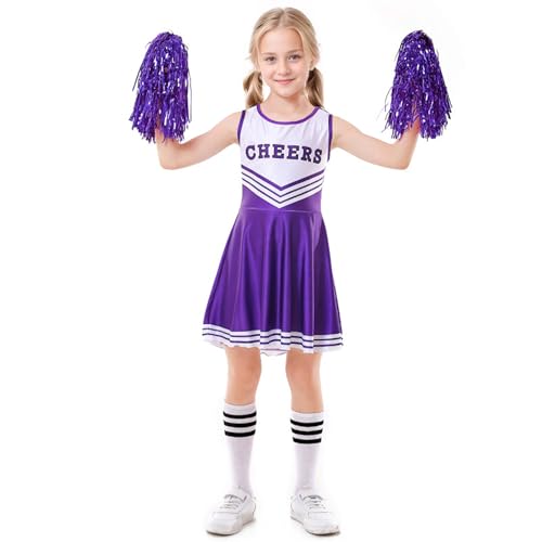 JiAmy Mädchen Cheerleader Kostüm, Schulspiel Cheerleading Uniform mit Pompons und Socken, Halloween Fancy Dress Up Outfit für Kinder 10-12 Jahre Lila von JiAmy