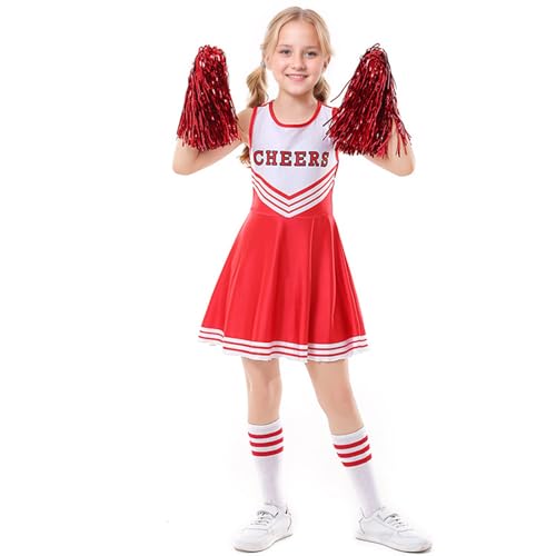 JiAmy Mädchen Cheerleader Kostüm, Schulspiel Cheerleading Uniform mit Pompons und Socken, Halloween Fancy Dress Up Outfit für Kinder 10-12 Jahre Rot von JiAmy