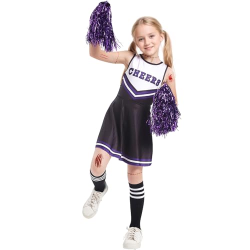 JiAmy Mädchen Cheerleader Kostüm, Schulspiel Cheerleading Uniform mit Pompons und Socken, Halloween Fancy Dress Up Outfit für Kinder 10-12 Jahre Schwarz von JiAmy