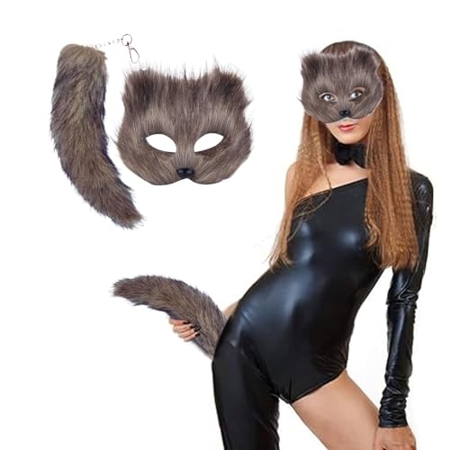 JiJiRuDU Pelzige Fuchs Maske Katzenmaske und Schwanz Karneval Halloween Party Cosplay Kostüm Pelzmaske Und Fuchsschwanz Katze Maske Schwanz Tierschwanz Maskerade-Cosplay Für Erwachsene (Grau) von JiJiRuDU