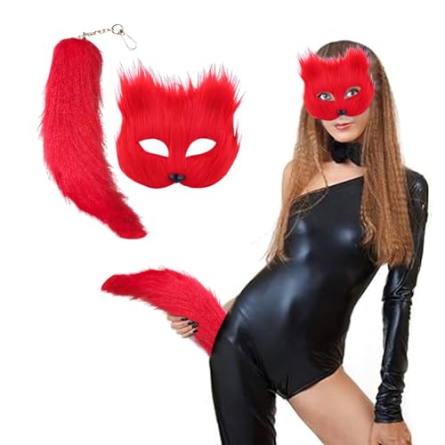 JiJiRuDU Pelzige Fuchs Maske Katzenmaske und Schwanz Karneval Halloween Party Cosplay Kostüm Pelzmaske Und Fuchsschwanz Katze Maske Schwanz Tierschwanz Maskerade-Cosplay Für Erwachsene (Rot) von JiJiRuDU