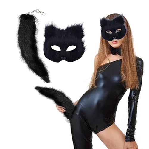 JiJiRuDU Pelzige Fuchs Maske Katzenmaske und Schwanz Karneval Halloween Party Cosplay Kostüm Pelzmaske Und Fuchsschwanz Katze Maske Schwanz Tierschwanz Maskerade-Cosplay Für Erwachsene (Schwarz) von JiJiRuDU