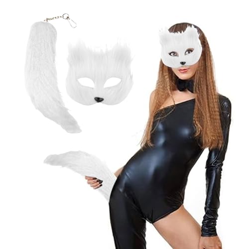 JiJiRuDU Pelzige Fuchs Maske Katzenmaske und Schwanz Karneval Halloween Party Cosplay Kostüm Pelzmaske Und Fuchsschwanz Katze Maske Schwanz Tierschwanz Maskerade-Cosplay Für Erwachsene (Weiß) von JiJiRuDU