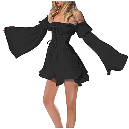 Piratenkostüm Damen Korsett Renaissance Viktorianische Off Shoulder Kleid Kurz Jumpsuit Piratinkleid Weiß A-Linie-Kleid Trägerloses, Knielange Patchwork-Kleid Strandkleid Party Karneval Kostüm Piratin von JiJiRuDU