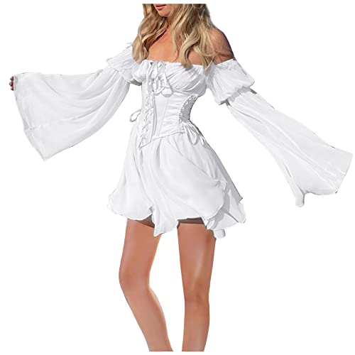 Piratenkostüm Damen Korsett Renaissance Viktorianische Off Shoulder Kleid Kurz Jumpsuit Piratinkleid Weiß A-Linie-Kleid Trägerloses, Knielange Patchwork-Kleid Strandkleid Party Karneval Kostüm Piratin von JiJiRuDU