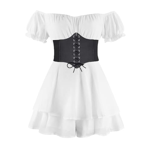 Piratenkostüm Damen Korsett Renaissance Viktorianische Off Shoulder Kleid Kurz Jumpsuit Piratinkleid Weiß A-Linie-Kleid Trägerloses, Knielange Patchwork-Kleid Strandkleid Party Karneval Kostüm Piratin von JiJiRuDU