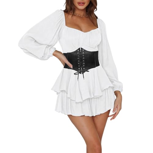 Piratenkostüm Damen Korsett Renaissance Viktorianische Off Shoulder Kleid Kurz Jumpsuit Piratinkleid Weiß A-Linie-Kleid Trägerloses, Knielange Patchwork-Kleid Strandkleid Party Karneval Kostüm Piratin von JiJiRuDU