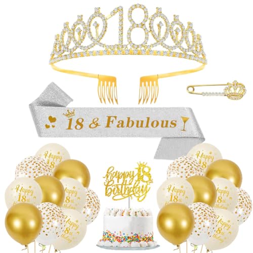 18. Geburtstag Krone Schärpe Luftballons Beige Gold 18. Geburtstag Schärpe und Tiara Diademe 18 Jahre Dekorationen Cupcake Topper Birthday Schärpe Haarschmuck für Mädchen 18. Geburtstag Dress Up Party von JiNks