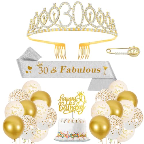 30. Geburtstag Krone Schärpe Luftballons Beige Gold 30. Geburtstag Schärpe und Tiara Diademe 30 Jahre Dekorationen Cupcake Topper Birthday Schärpe Haarschmuck für Mädchen 30. Geburtstag Dress Up Party von JiNks