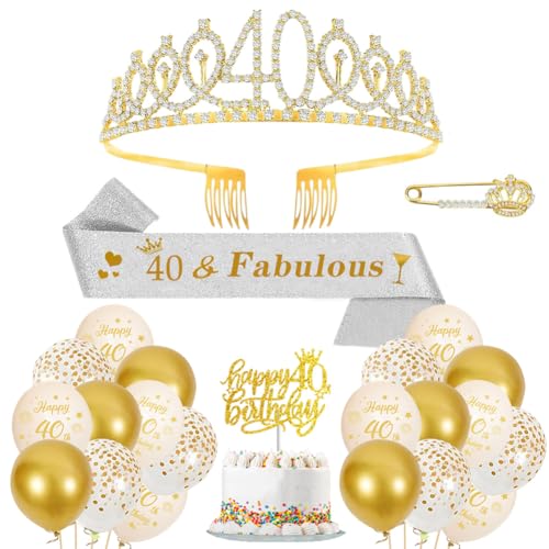 40. Geburtstag Krone Schärpe Luftballons Beige Gold 40. Geburtstag Schärpe und Tiara Diademe 40 Jahre Dekorationen Cupcake Topper Birthday Schärpe Haarschmuck für Damen 40. Geburtstag Dress Up Party von JiNks