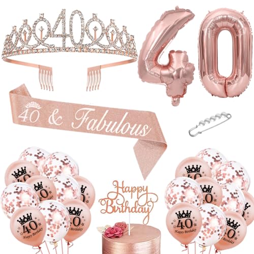 40. Geburtstag Krone Schärpe Luftballons Roségold 40. Geburtstag Schärpe und Tiara Diademe 40 Jahre Dekorationen Cupcake Topper Birthday Schärpe Haarschmuck für Damen 40. Geburtstag Dress Up Party von JiNks