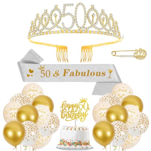 50. Geburtstag Krone Schärpe Luftballons Beige Gold 50. Geburtstag Schärpe und Tiara Diademe 50 Jahre Dekorationen Cupcake Topper Birthday Schärpe Haarschmuck für Damen 50. Geburtstag Dress Up Party von JiNks