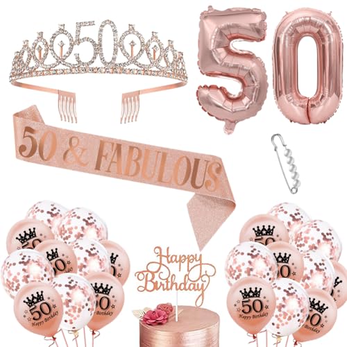 50. Geburtstag Krone Schärpe Luftballons Roségold 50. Geburtstag Schärpe und Tiara Diademe 50 Jahre Dekorationen Cupcake Topper Birthday Schärpe Haarschmuck für Damen 50. Geburtstag Dress Up Party von JiNks