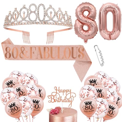 80. Geburtstag Krone Schärpe Luftballons Roségold 80. Geburtstag Schärpe und Tiara Diademe 80Jahre Dekorationen Cupcake Topper Birthday Schärpe Haarschmuck für Damen 80. Geburtstag Dress Up Party von JiNks