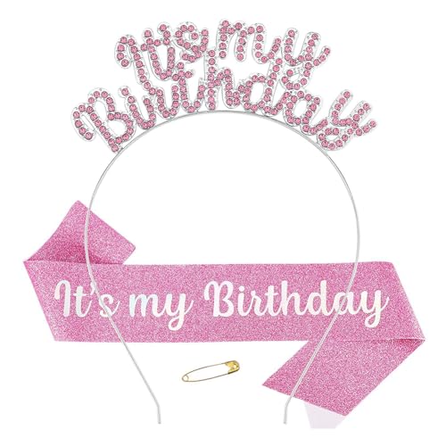 JiNks 2 Stück Geburtstag Krone Schärpe It's my Birthday Tiara für Mädchen Strass Haarreif Kristall Haarschmuck Geburtstag Party Glitter Dekoration Set Accessories für Prinzessin Geschenk Deko (Rosa) von JiNks