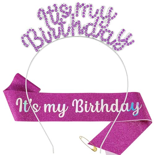 JiNks 2 Stück Geburtstag Krone Schärpe It's my Birthday Tiara für Mädchen Strass Haarreif Kristall Haarschmuck Geburtstag Party Glitter Dekoration Set Accessories für Prinzessin Geschenk Deko (Lila) von JiNks