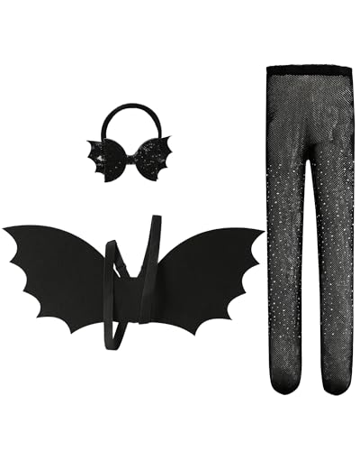 JiaDuo Schwarzes Fledermausflügel-Set mit Schleife, Stirnband und Strumpfhose, für Babys, Mädchen, Kleinkinder, Halloween, Fledermaus-Kostüm, Verkleidungszubehör von JiaDuo