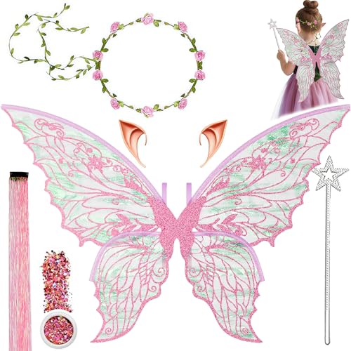 Feenflügel Kostüm,Schmetterlingsflügel mit Elfenöhren,Fee Stirnband und Sterne Feenstäbe,Pailletten,Haare,Schmetterlingsflügel,Prinzessinnenflügel,Flügel Kostüm für Fasching oder Feen-Mottopartys Feenflügel Kostüm,Schmetterlingsflügel mit Elfenöhren,Fee Stirnband und Sterne Feenstäbe,Pailletten,Haare,Schmetterlingsflügel,Prinzessinnenflügel,Flügel Kostüm für Fasching oder Feen-Mottopartys von Jiahuade